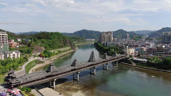 少数民族特色建筑风雨桥航拍