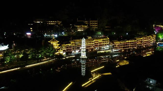 航拍湖南湘西凤凰古城夜景灯光