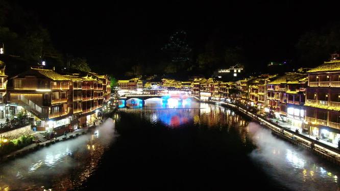 航拍湖南湘西凤凰古城夜景灯光