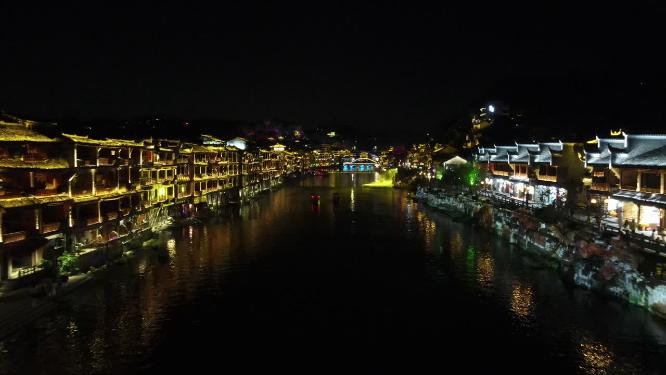 航拍湖南湘西凤凰古城夜景灯光
