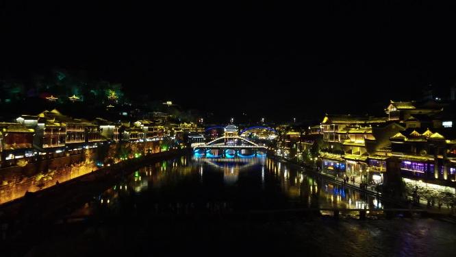 航拍湖南湘西凤凰古城夜景灯光