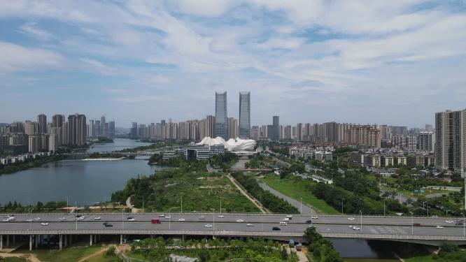 湖南长沙梅溪湖金茂双塔航拍