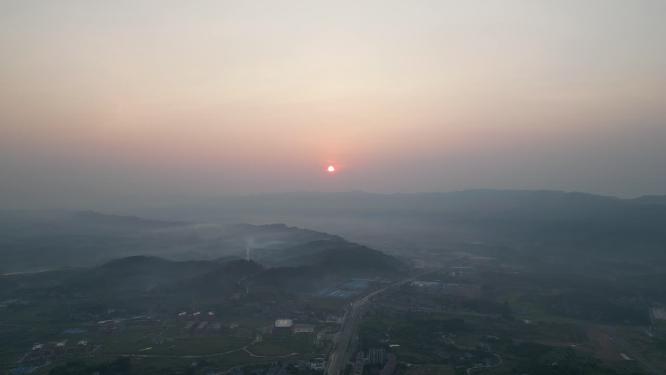 航拍清晨山川日出迷雾