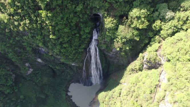 自然风光大山深处悬崖瀑布流水航拍