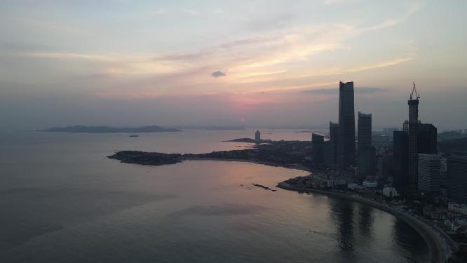 山东青岛城市日落晚霞夕阳航拍