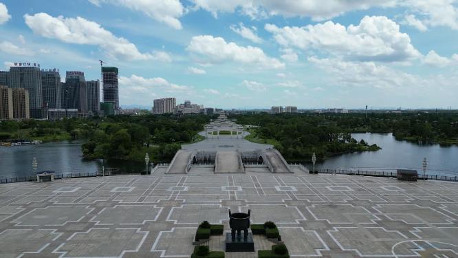 航拍江西抚州城市风光蓝天白云高楼建筑