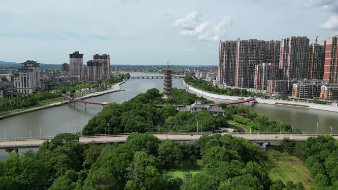 航拍江西抚州城市风光蓝天白云高楼建筑