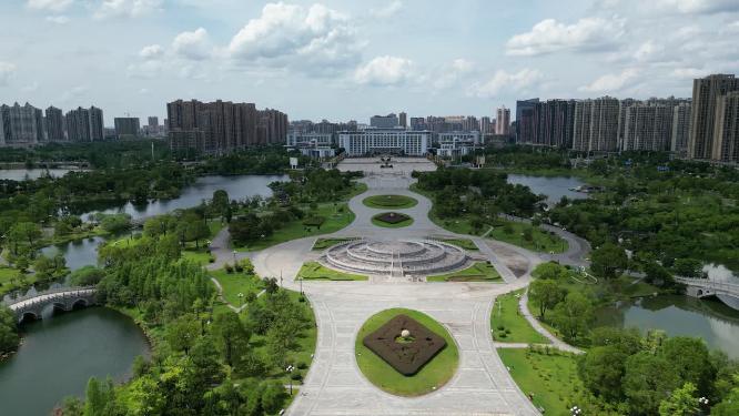 航拍江西抚州名人雕塑园4A景区城市景观