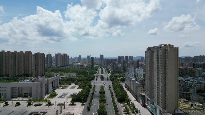 航拍江西抚州城市风光蓝天白云高楼建筑