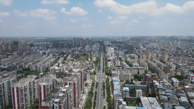 航拍湖北随州城市蓝天白云天际线