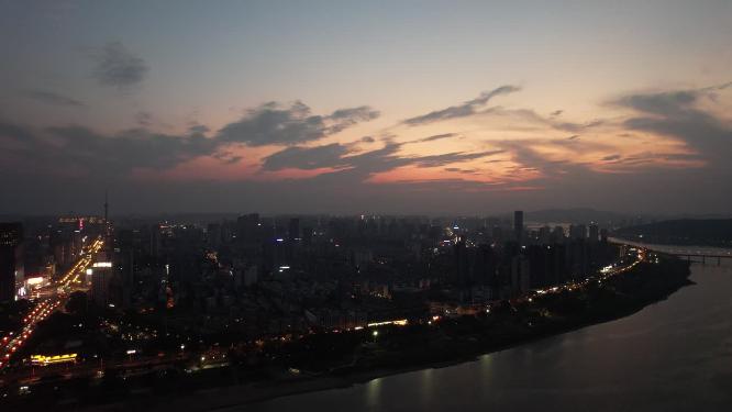 湖南株洲城市日落晚霞航拍
