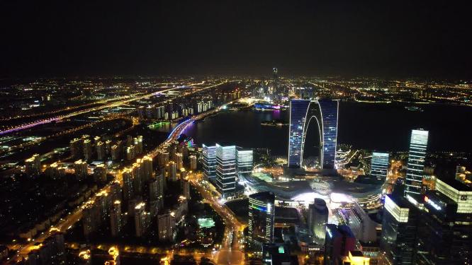 江苏苏州东方之门夜景灯光航拍
