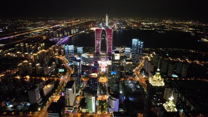 江苏苏州东方之门夜景灯光航拍