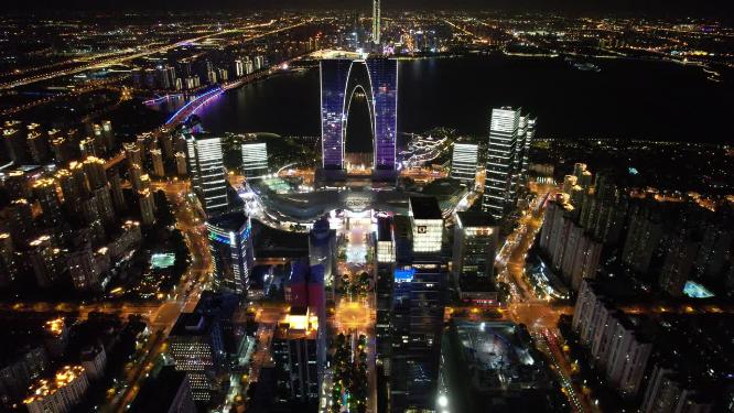 江苏苏州东方之门夜景灯光航拍