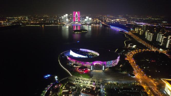 江苏苏州文化艺术中心夜景灯光航拍
