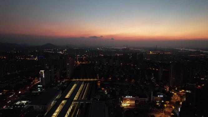 江苏镇江城市晚霞夜幕降临航拍