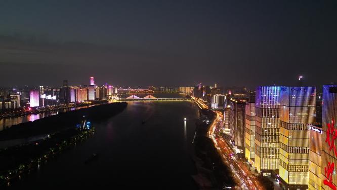 湖南长沙城市夜景灯光航拍