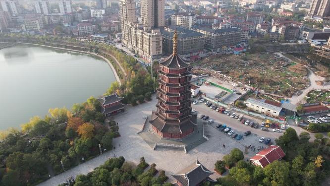 湖南怀化鹤鸣洲听溪阁航拍