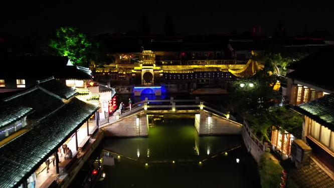 江南水乡西塘古镇夜景灯光航拍