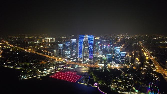江苏苏州城市夜景灯光航拍