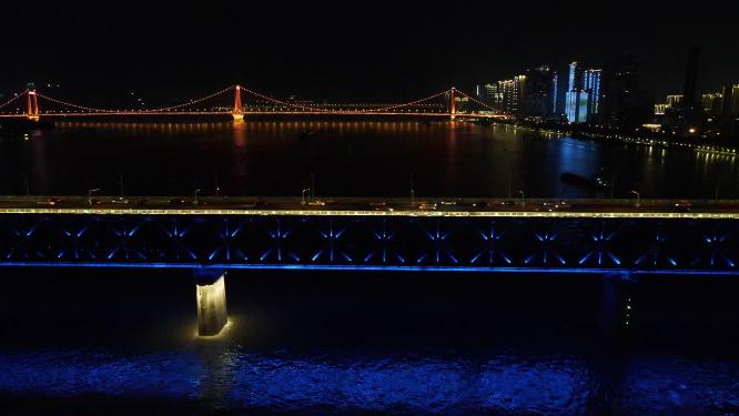 湖北武汉长江大桥电视塔夜景航拍