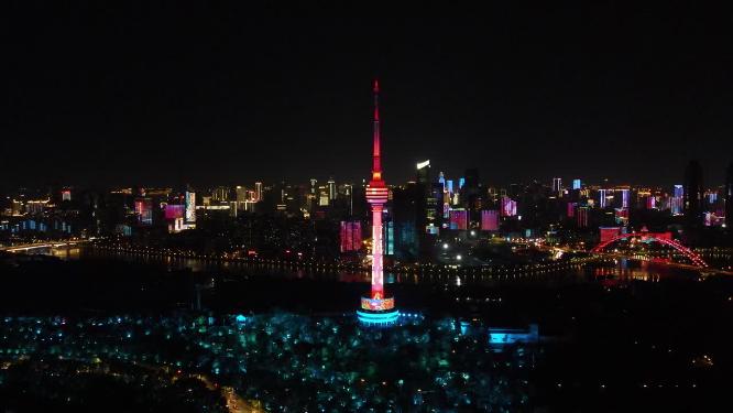 湖北武汉长江大桥电视塔夜景航拍