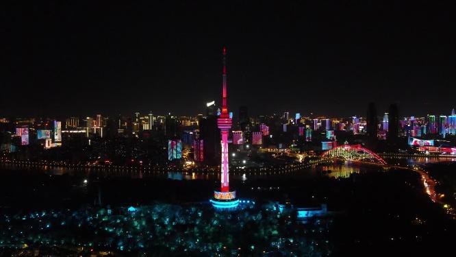湖北武汉长江大桥电视塔夜景航拍
