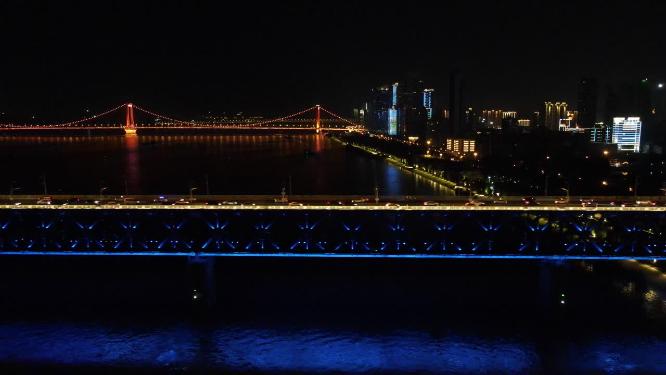 湖北武汉长江大桥电视塔夜景航拍
