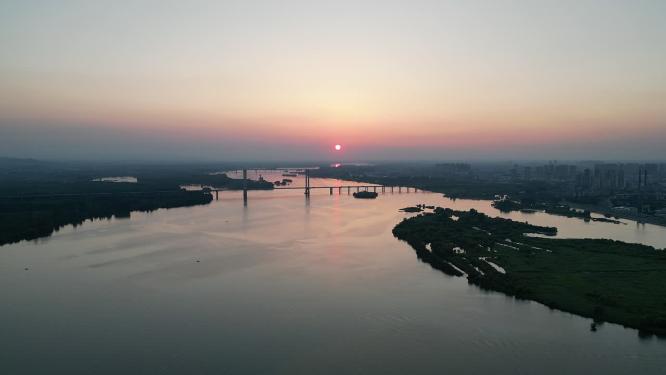 长江日落晚霞夕阳西下航拍