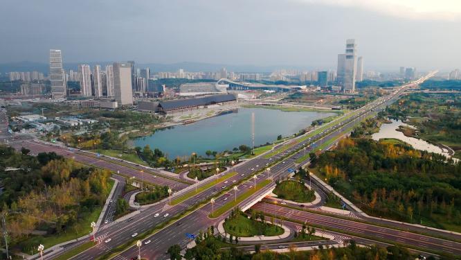 航拍天府中央公园黄昏航拍西博城国际会议中心黄昏航拍天府新区黄昏航拍天府大道南延线黄昏