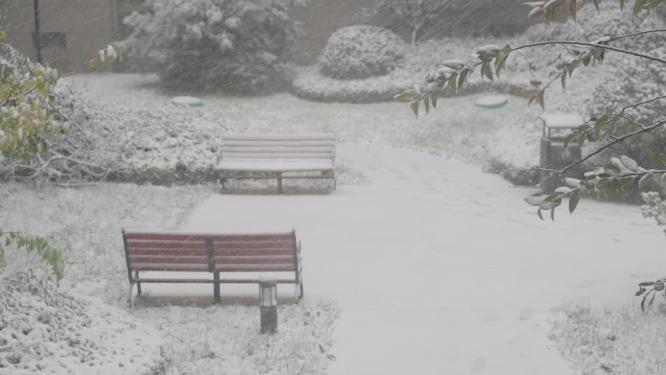  城市冬天小区雪中的唯美镜头