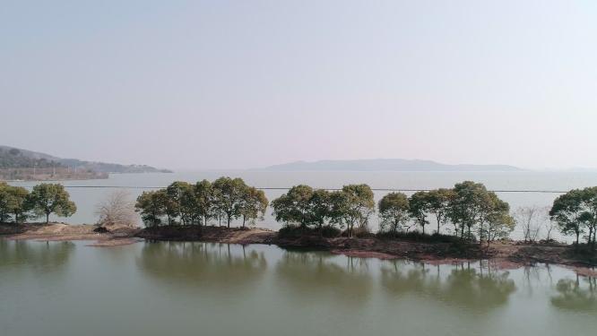 4K航拍，晴朗的天气，春天的太湖湖面和湖边的绿色的树木的风景