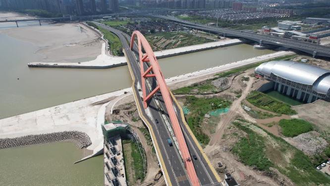 杭州钱塘江之江东路大桥风景特写航拍