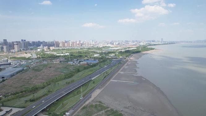 杭州钱塘江之江东路江边江景城市风景航拍