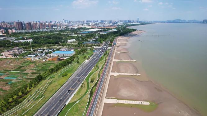 杭州钱塘江沿江江边江景风景特写航拍