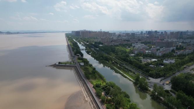 杭州钱塘江沿江边下沙美景航拍