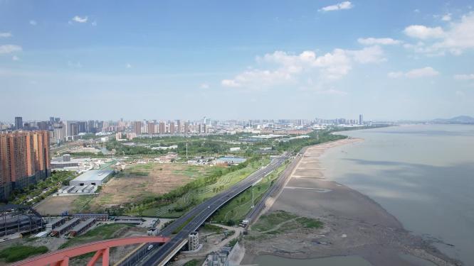 杭州钱塘江沿江边江景风景特写航拍