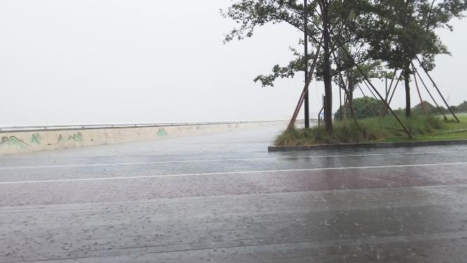 傍晚杭州钱塘江下暴雨
