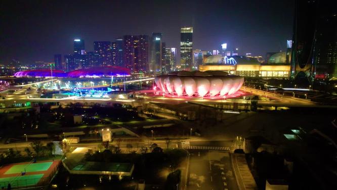 杭州滨江奥体中心体育馆夜景航拍