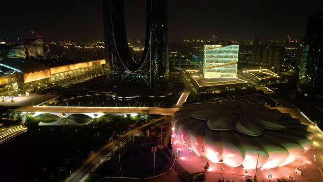 杭州滨江奥体中心大莲花碗体育馆夜晚夜景航拍