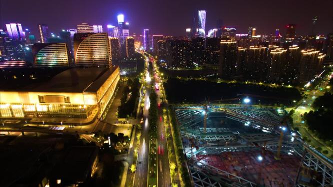杭州滨江奥体中心奔竞大道车流夜晚夜景延时