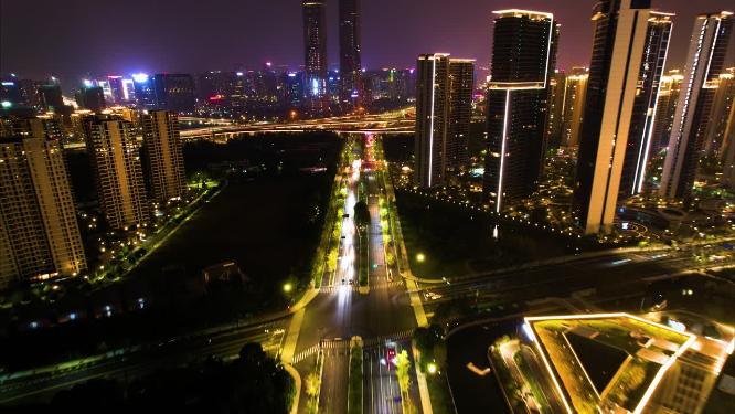 杭州滨江奥体中心奔竞大道车流夜景延时