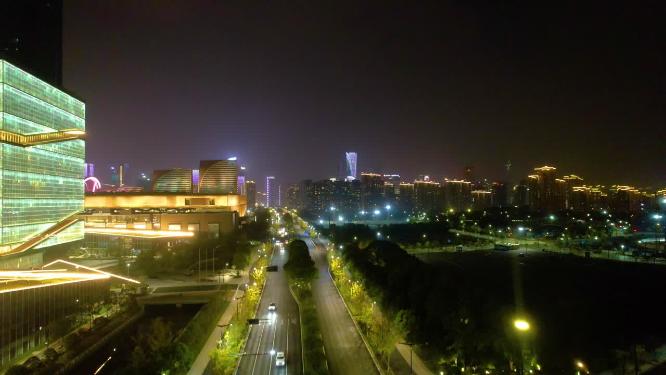 杭州滨江奥体中心杭州之门博览城夜景航拍