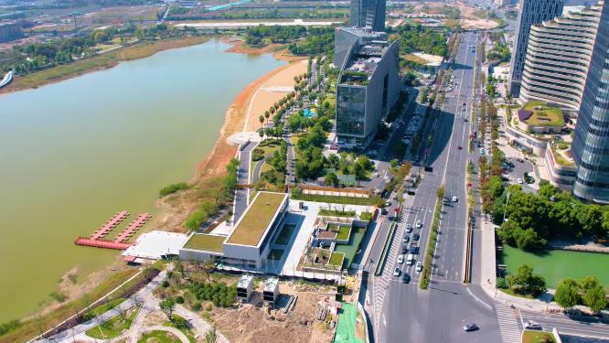 杭州钱塘新区金沙湖金沙大道车流延时摄影