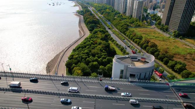 杭州钱塘江九堡大桥江边风景航拍