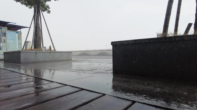 杭州钱塘江江边下暴雨特写