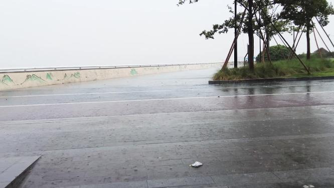 钱塘江傍晚下暴雨特写空镜头