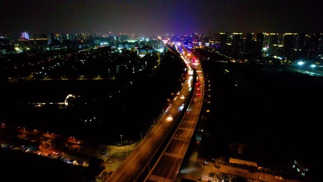 杭州钱塘江江边江东大桥夜景航拍