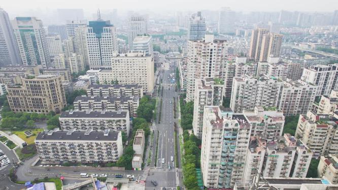 杭州市区拥挤的高楼中北花园航拍