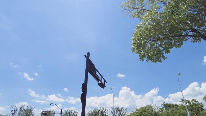 马路仰望天空蓝天白云树枝